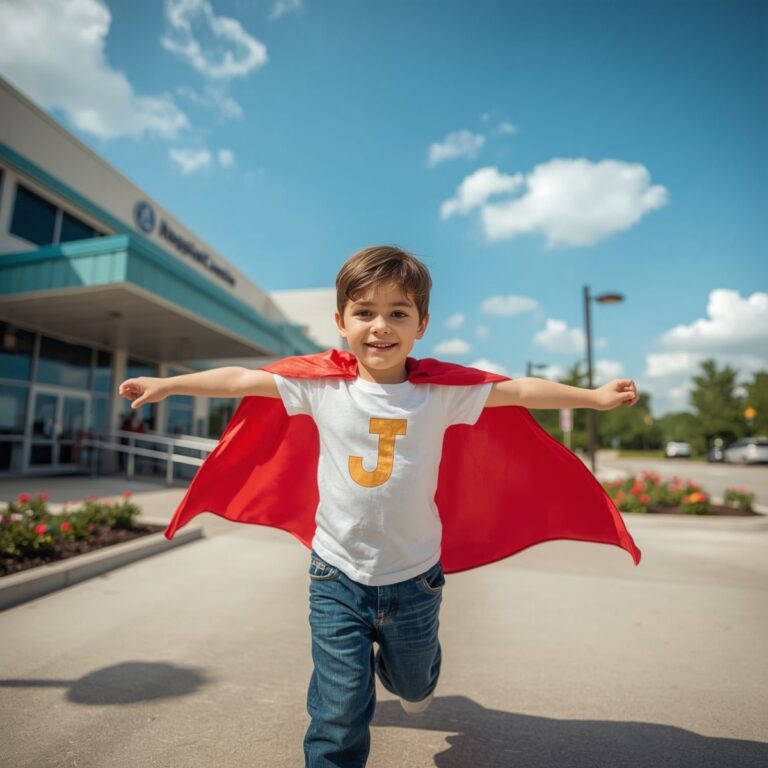 Joyful child with a superhero cape running outside a hospital.