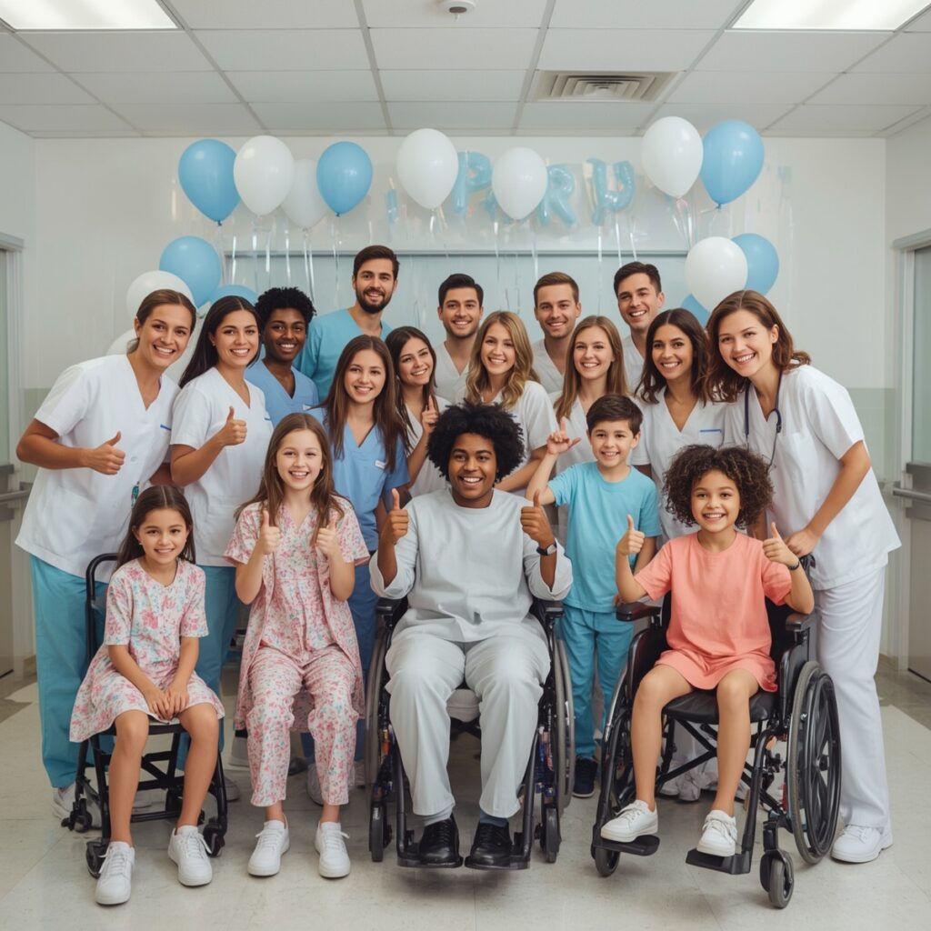 Happy hospital staff and kids giving a “thumbs up” and celebrating a milestone